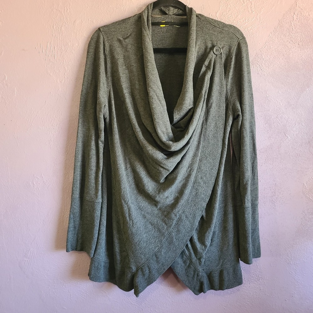 Xersion Cozy Unique‎ Button Cardigan Women Large Grey Draped Ribbed Cuffs Knit L